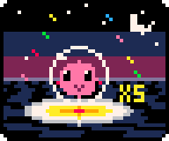 Night: Bloop beaming on a bullseye worth five times, confetti flying