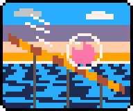 Morning: Bloop curled up in its bubble, rolling down the striped ski jump over the sea